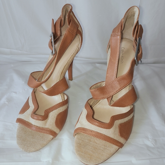 Calvin Klein Shoes - Calvin Klein Women's Brown and Tan Canvas and Leather Heels Size 10